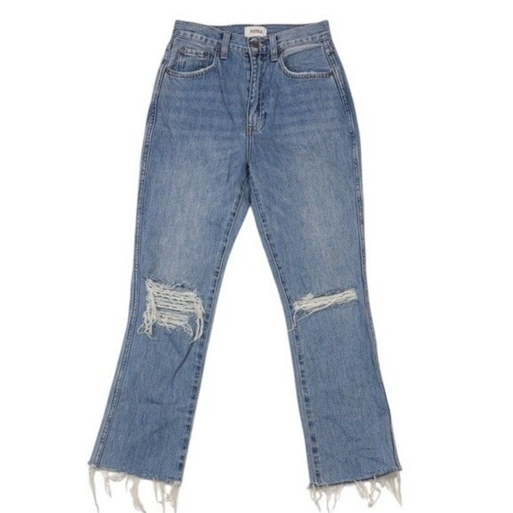 Pistola Womens High Rise‎ Distressed Straight Leg Jeans Blue Medium Wash E1-17